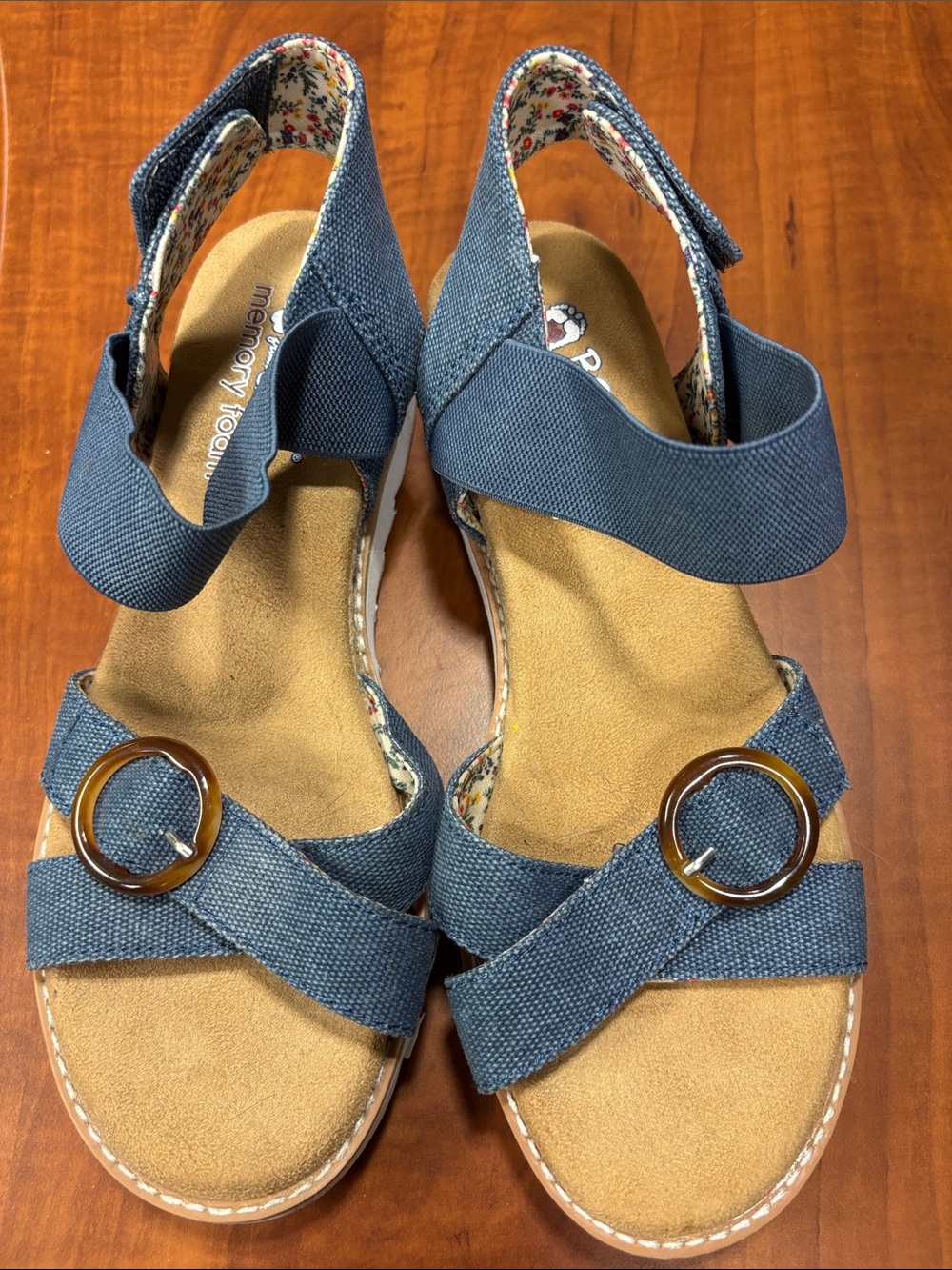 BOBS from Skechers Denim Color Canvas Wedge Sandals with Round Buckles